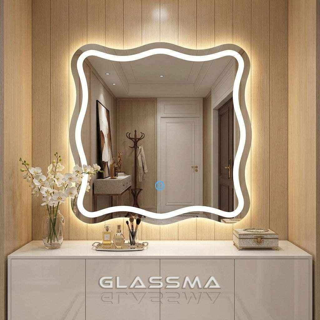 Irregular Wavy LED Wall Mirror, Front & Backlit Mirror with Dimmable One Touch - Glassma